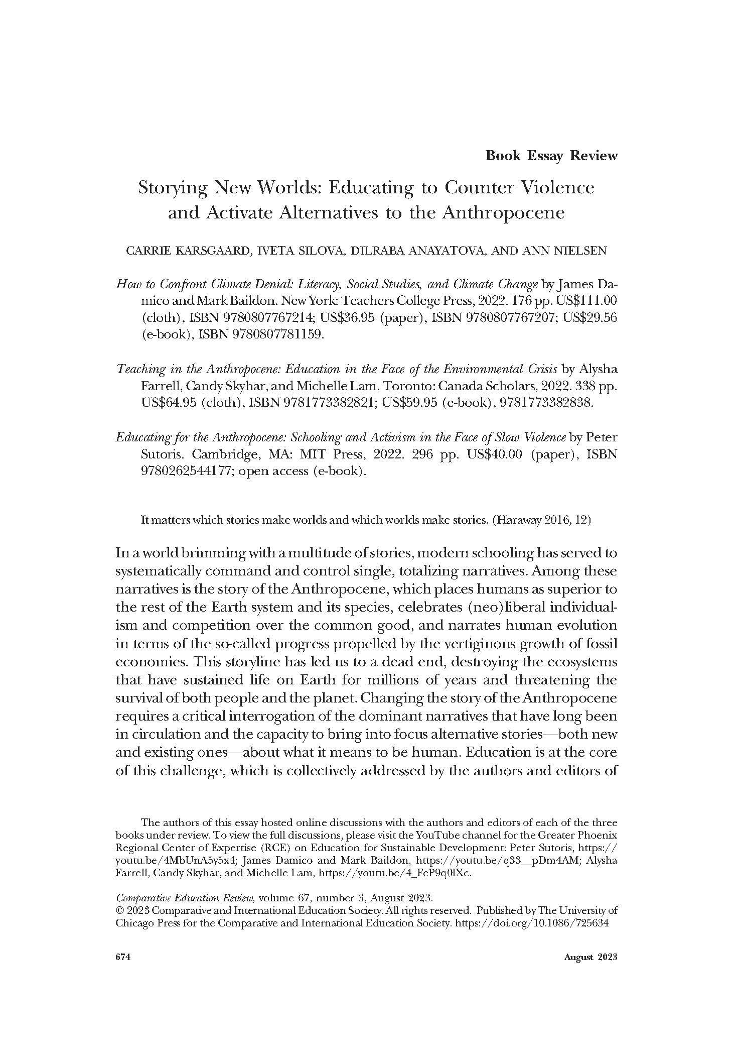 Storying New Worlds: Educating to Counter Violence and Activate Alternatives to the Anthropocene